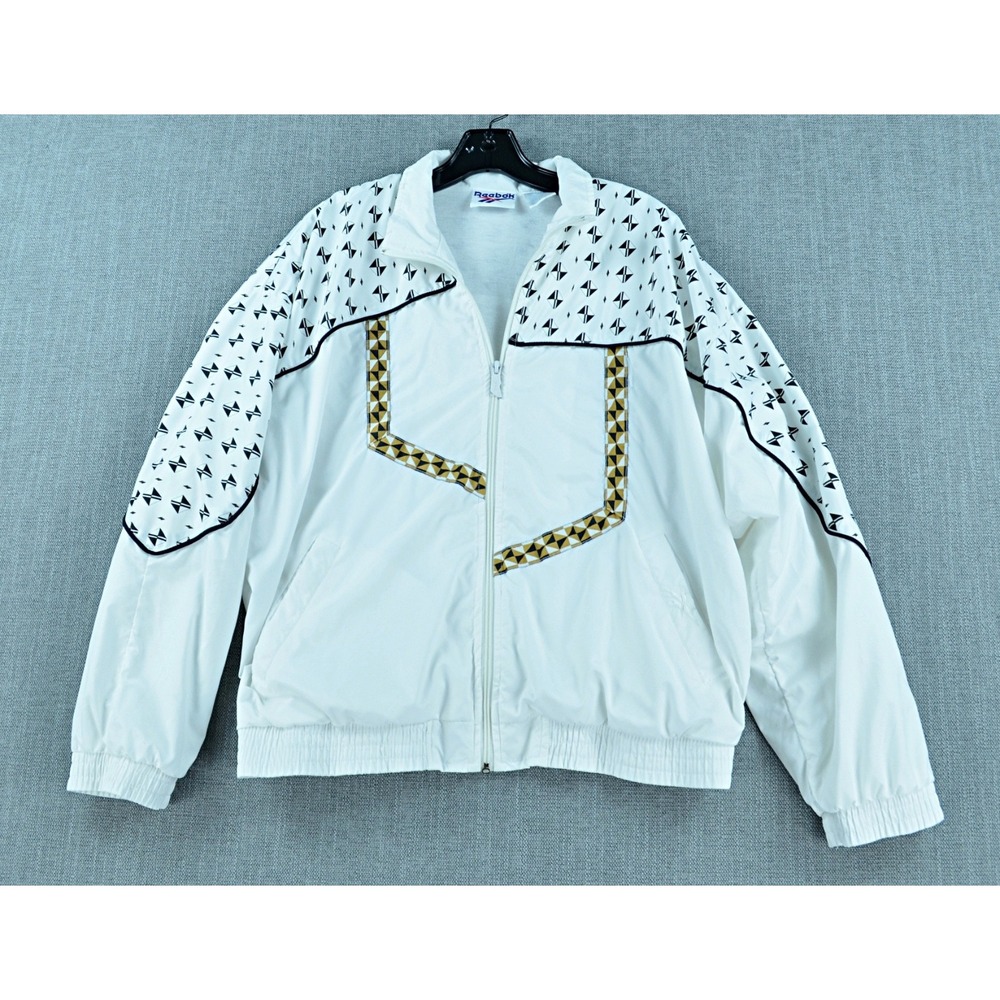 Reebok Jacket Women's L Vintage Windbreaker Lined White/Black Warm Up Track